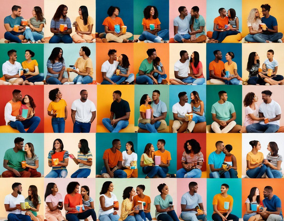 A collage of diverse couples enjoying different adult content experiences, showcasing a variety of preferences and lifestyles. Include vibrant colors and playful elements that evoke curiosity and excitement. The background should be soft and inviting, creating a warm atmosphere. Emphasize inclusivity and the celebration of individual desires. super-realistic. vibrant colors. cozy background.